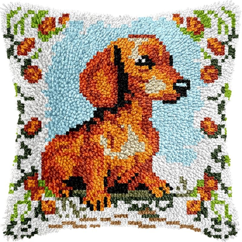 Flowers Dachshund Latch Hook Pillows Kits Cushion Pillow Cover with Pattern Printed Canvas Sofa Crafts Adults Embroidery Cross Stitch Making Hooking Crochet Kits 17x17 inch(128)
