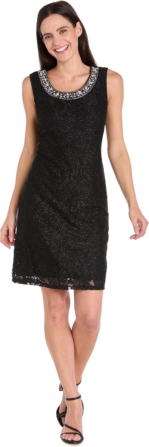 R&M Richards Women's Formal Cocktail Jacket Dress - Glitter Lace Dress W/Draped Chiffon Shrug & Embellished Jewel Neck - Image 2