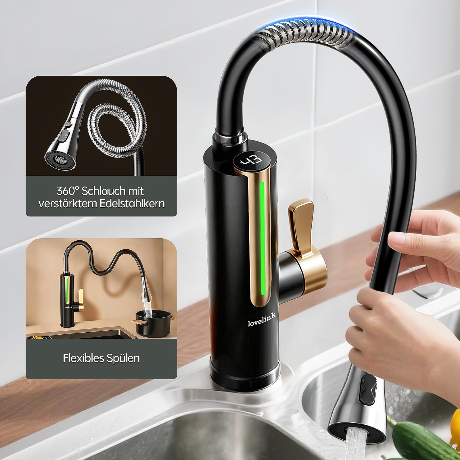 Lovelink Wasserhahn mit Durchlauferhitzer Farbadaptiv LED Temperaturanzeige 360° Flexibler Schlauch Elektrischer Durchlauferhitzer Wasserhahn für Küche/Bad/Balkon (Schwarz)