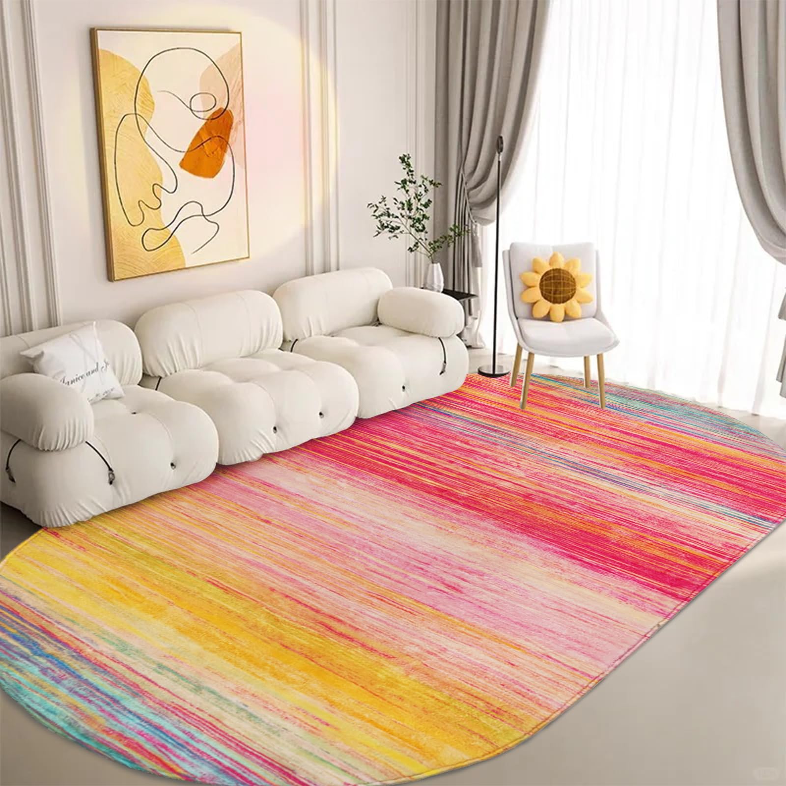 USTIDE Oval Rainbow Rug 4X6Ft Washable Soft Floor Mat for Girls Room Colorful Stripe Oval Kids Rug Super Comfy Bedroom/Living Room/Children Room Home