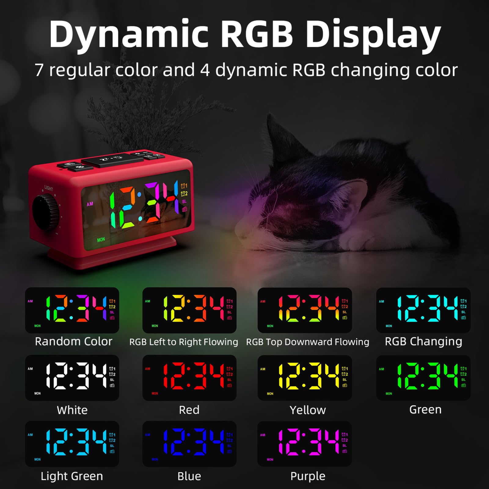 ThreeH Sveglia RGB con Radio 11 Colori Display Orario 12 Livelli Volume e Luminosità Regolabile Macchina del Suono del Sonno con 2 Porte di Ricarica USB Rosso