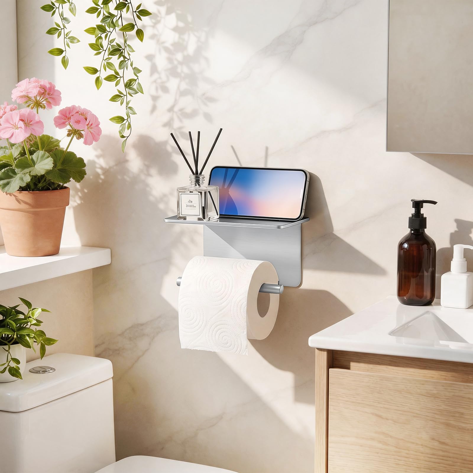 Adhesive Toilet Paper Holder with Shelf Wall Mount Toilet Paper Roller — Amazon image 2