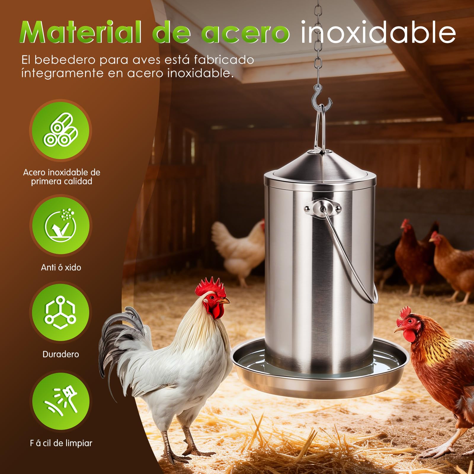 Bebedero para Pollos de Acero Inoxidable 4 litros, dispensador de Agua para Aves con Recarga automática por Gravedad, Fuente de Agua para Colgar o Colocar en el Suelo, Ideal para Patos, Palomas