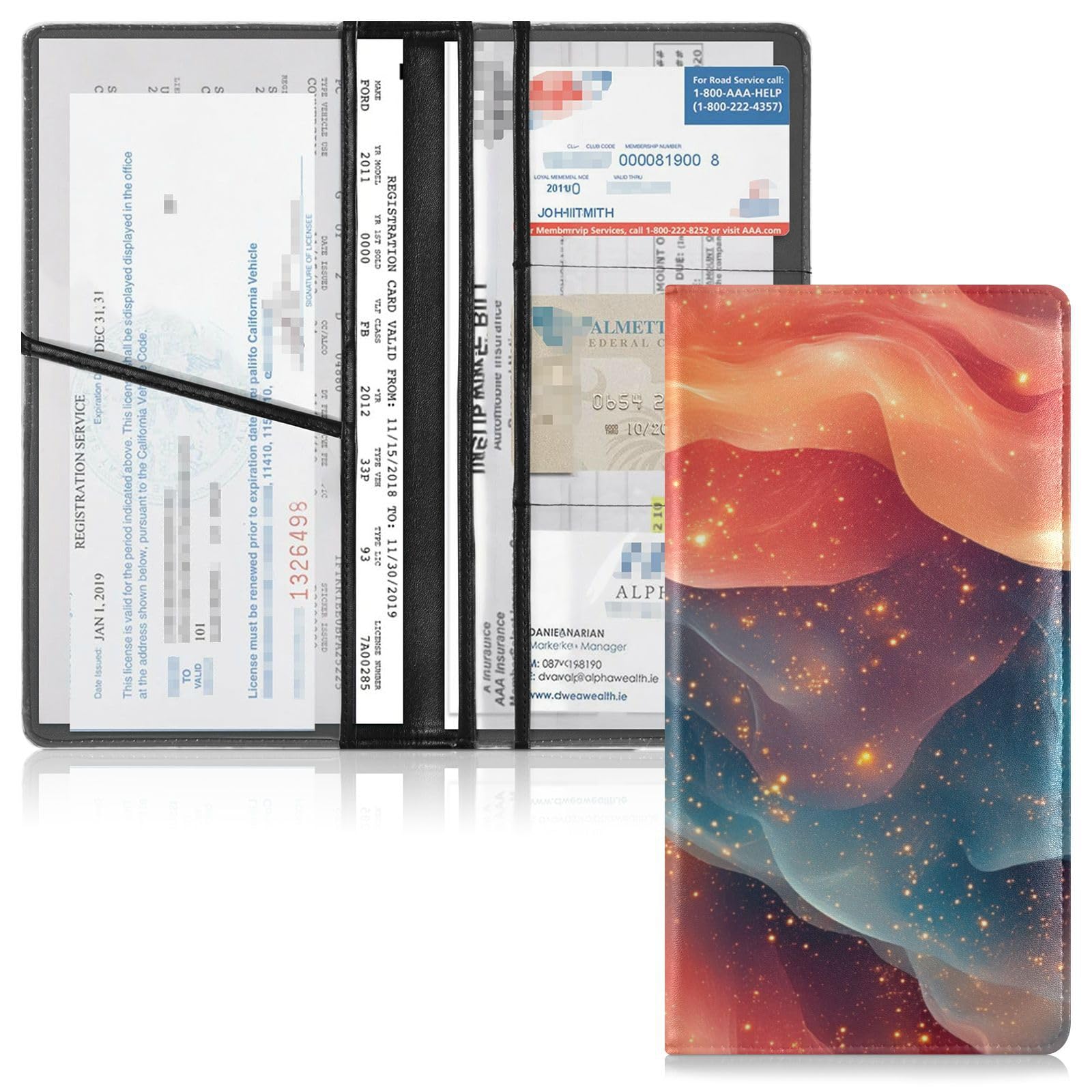 Leather Registration and Insurance Card Holder Men Women Auto Truck Comparment Accessories Case for Essential Document, Driver License, Cards Peach Teal Red