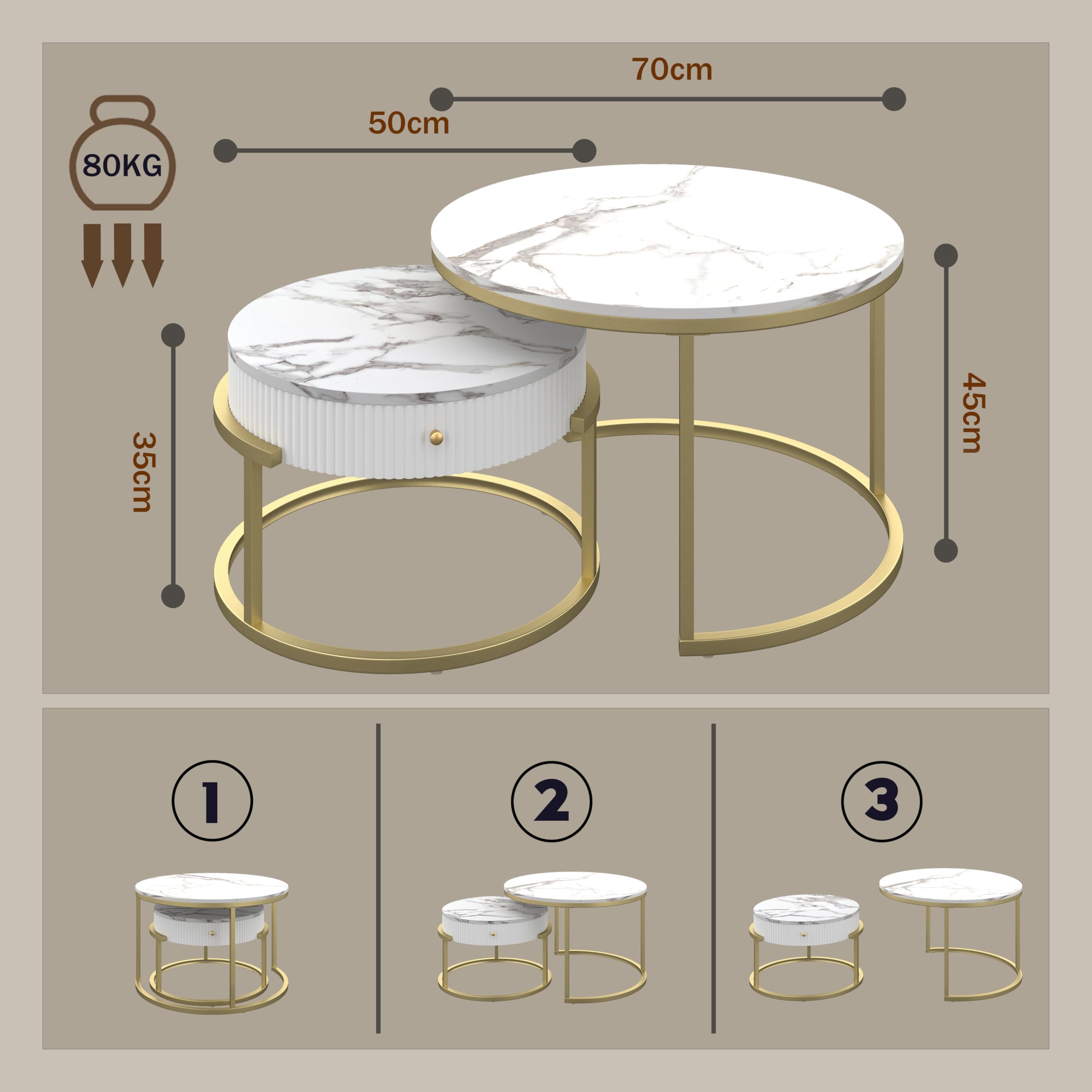 Table Basse Salon Ronde Blanche Marbre avec Rangement, Table Basse Doré Gigogne Ronde avec Tiroir