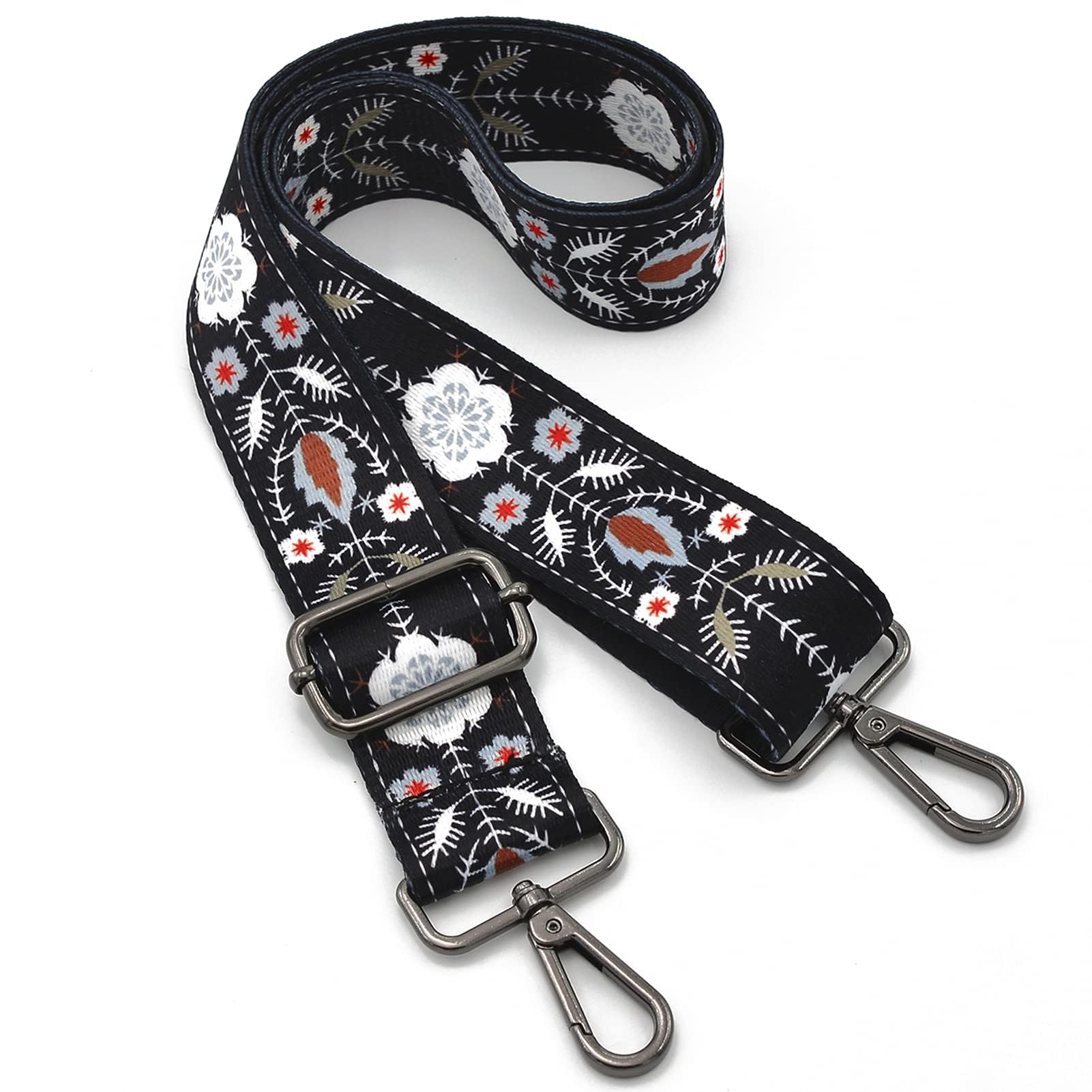 Correa cruzada ajustable de repuesto, correa de hombro ancha con herrajes plateados, bordado jacquard universal para bolsos y bolsas de lona (negro-nieve)