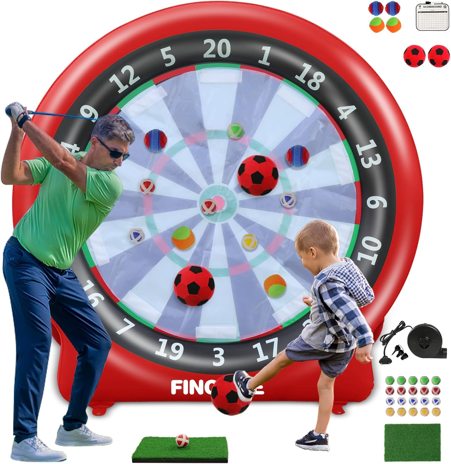 inflatable 6ft giant dartboard, golf darts kick darts, soccer & throw darts game with pump, 2 kickball, 4 throw balls, 20 golf balls, chipping mat, giant dart board target yard games red dartboard