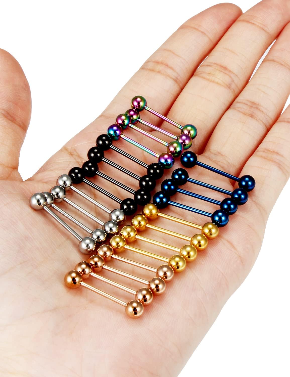 Oufksiyy 24pc 14G 16G Mixed Color Surgical Stainless Steel Straight Barbell Tongue Rings Bars Piercing 5/8" Length 16mm 9/16 inch 14mm 1/2inch 12mm Nipple Rings Tongue Piercing Jewelry for Women Men - Image 2