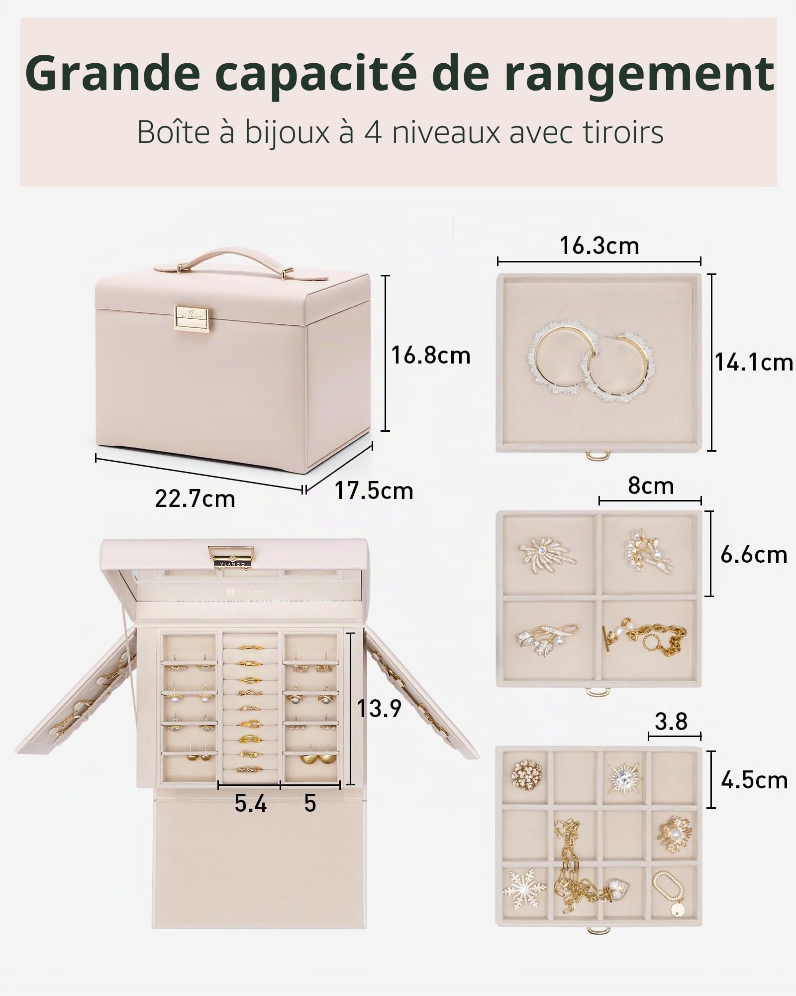 Vlando Grande boîte à bijoux à 4 niveaux - En cuir synthétique - Avec miroir et tiroirs - Organiseur de bijoux - Doublure en velours - Beige