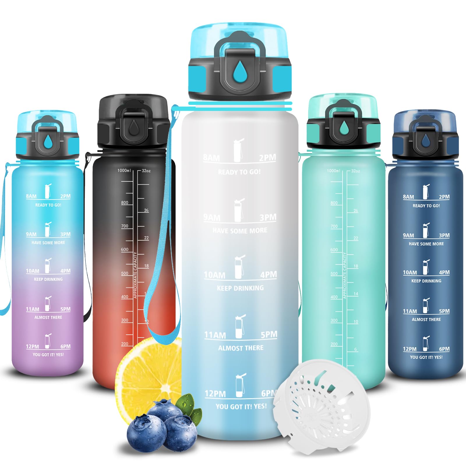 Grsta 1L Gym Water Bottle Leak Free Motivational Water Bottle Easy Carry Time Drinking Bottle Easy Clean for Camping Travel School