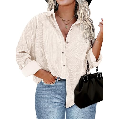 IN'VOLAND Womens Plus Size Corduroy Shirt Long Sleeve Button Down Shirts Fall Blouses Tops Casual Jacket Shacket