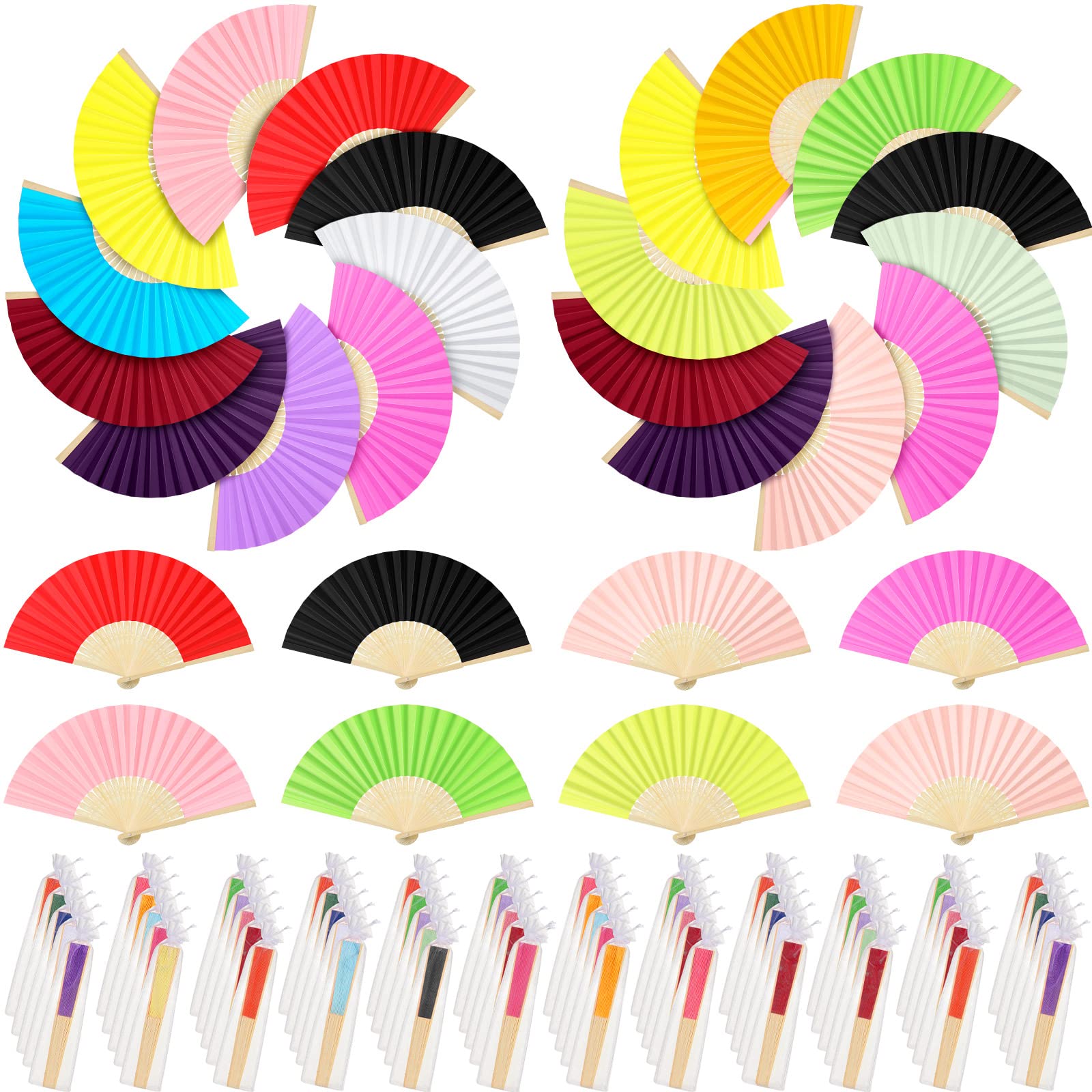 Chunful 100 Stück Papierfächer aus mehrfarbigem Bambus, faltbar, chinesisch, dekorativ, mit Organza-Beuteln für Hochzeit, Braut, Kirche, Tanzen, Zuhause, Basteln, Dekoration, Partygeschenke, Sommer