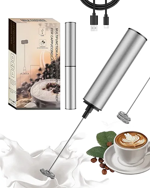 INFOOD Milk Frother Rechargeable with Cover - Coffee Frother Wand, Drink Mixer Handheld with 2 Detachable Stainless Whisks 2 Speed Adjustable for Latte, Cappuccino, Hot Chocolate, Egg, Silver