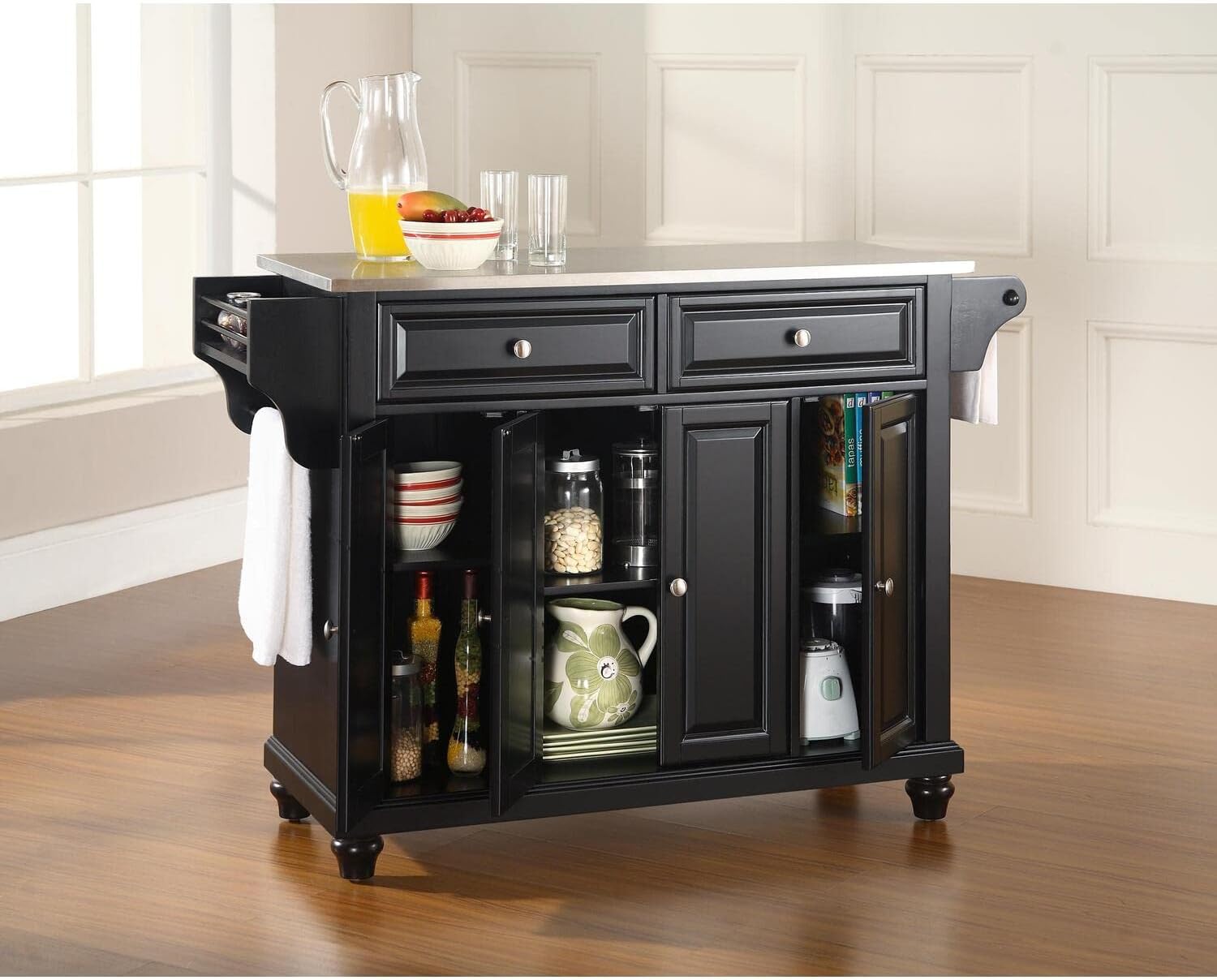 HomeStock Kitchen Island with Storage Full Size Countertop Modern Kitchen Furniture Black/Stainless Steel Top