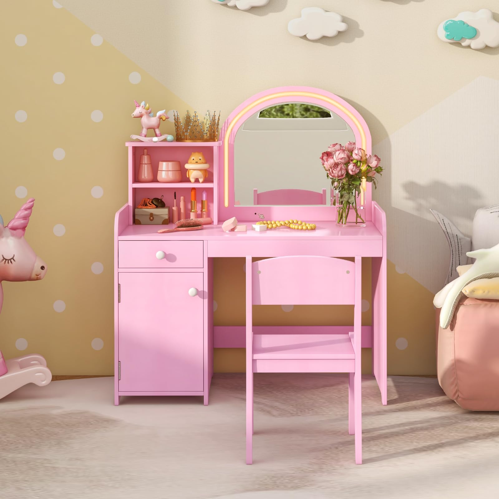 RELAX4LIFE Toeletta Trucco per Bambina con Luci LED, 2 Colori, Specchiera Trucco con Sgabello, Mensole e Cassetto, Toeletta in Legno, per Bambini 3+ Anni (Rosa, L)