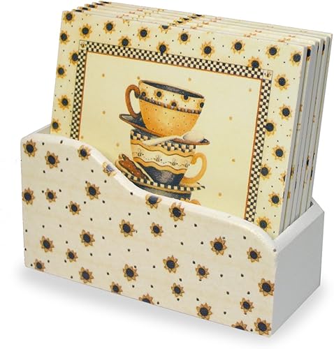 Miniatura 5 de Juego de 6 posavasos de girasol con soporte, cuadrados de 4 pulgadas, diseños surtidos, resistentes a la humedad, protegen todas las superficies de