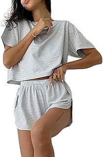 Women's Pajamas Set Striped Tee Shirts and Shorts Side Slit Crewneck Loungewear