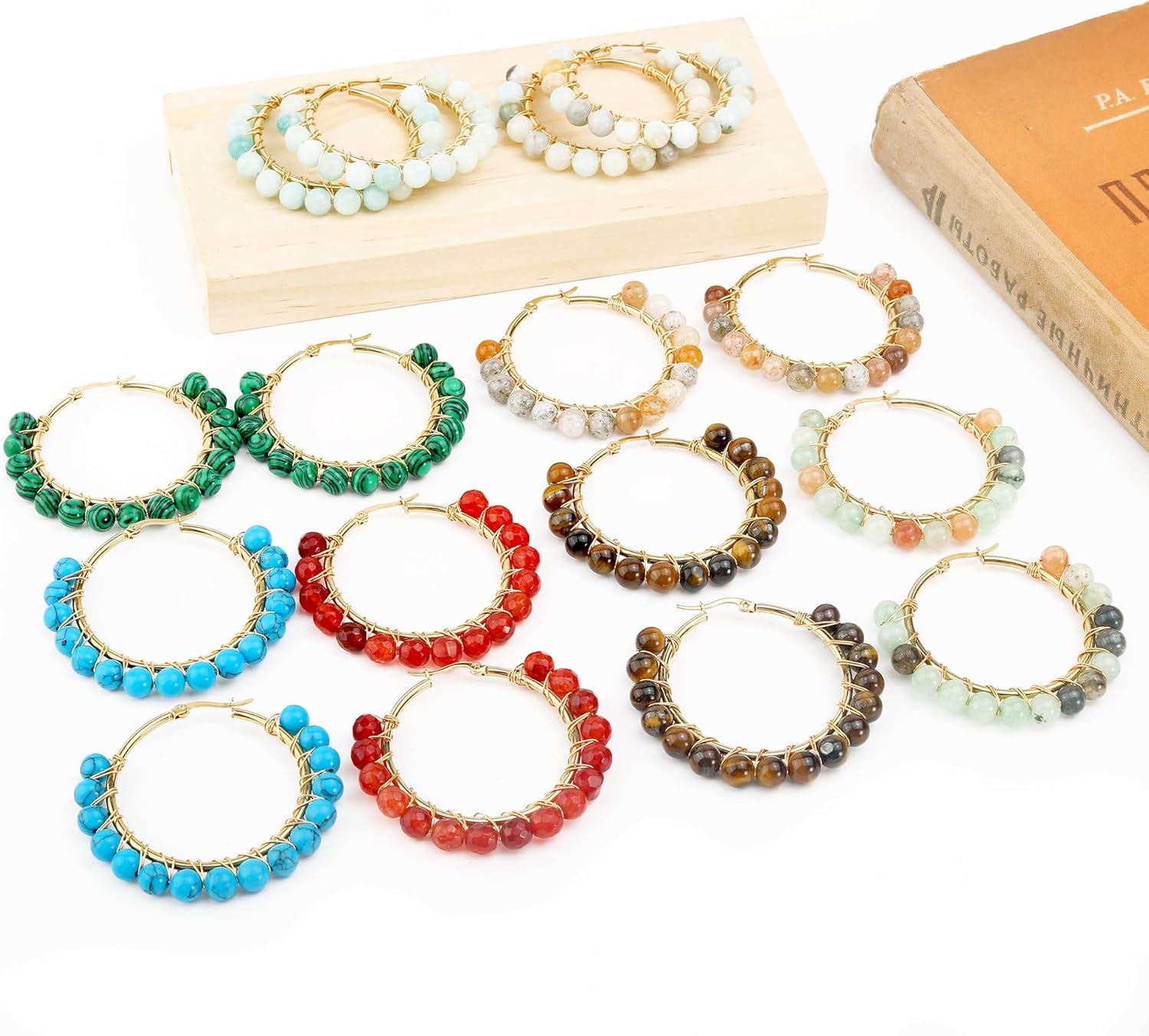 Rockyu Womens Natural Stone Turquoise White Moonstone Hoop Earrings Gold Wire Wrap Big Earrings Gift Birthday Christmas - Image 3