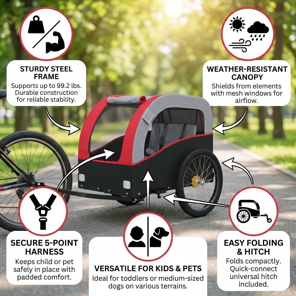 Bike Trailer Black and Bicycle Cargo Trailer Red 99.2 lb Iron, Heavy-Duty Child and Pet Bicycle Trailer, Steel Frame with Bike carts for Cargo Harness, for Toddlers Dogs Outdoor
