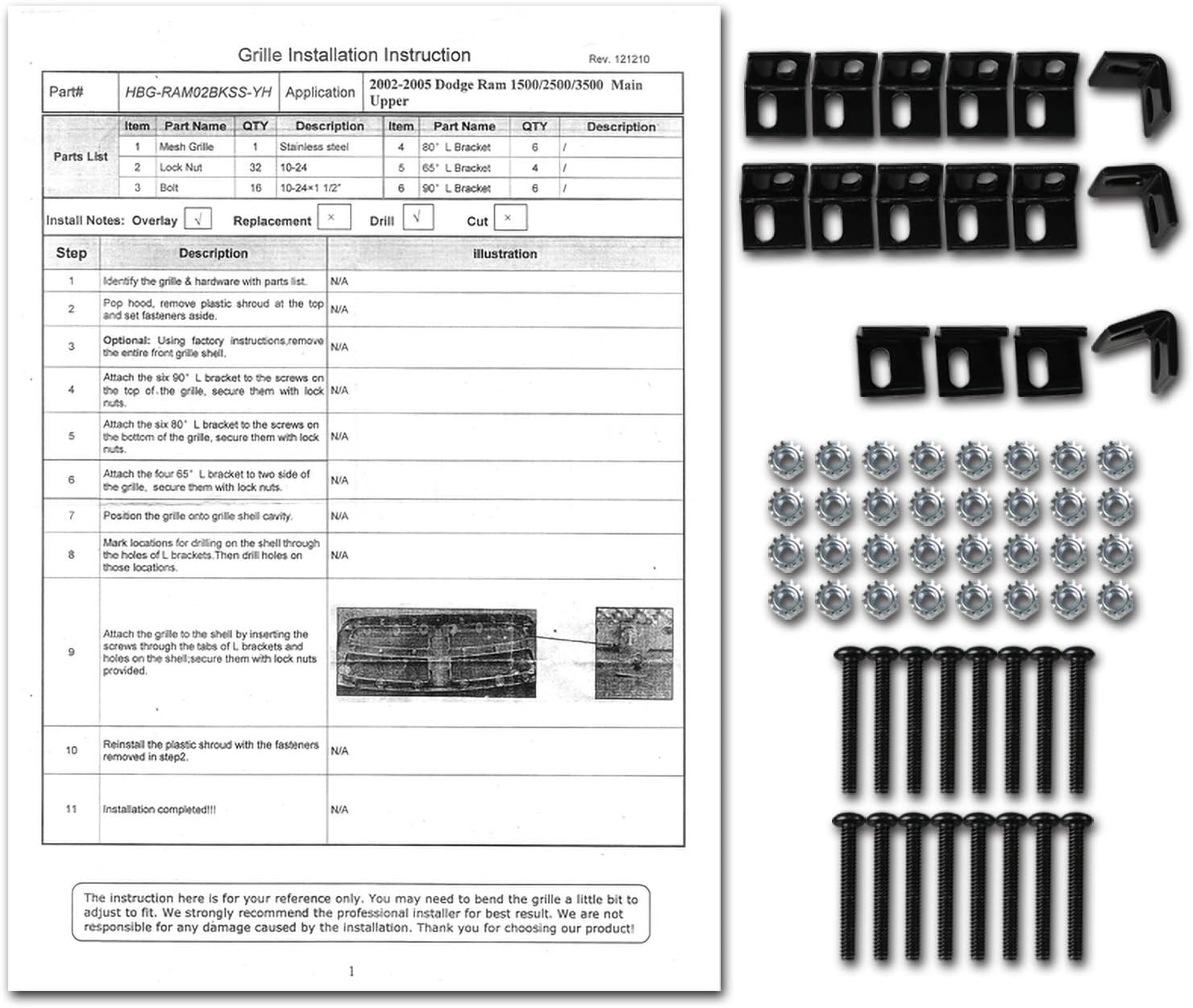 Spec-D Tuning Black Stainless Steel Front Upper Hood Grille Insert Rivet Style Compatible with 2002-2005 Dodge Ram 1500, 2003-2005 Dodge Ram 2500 3500