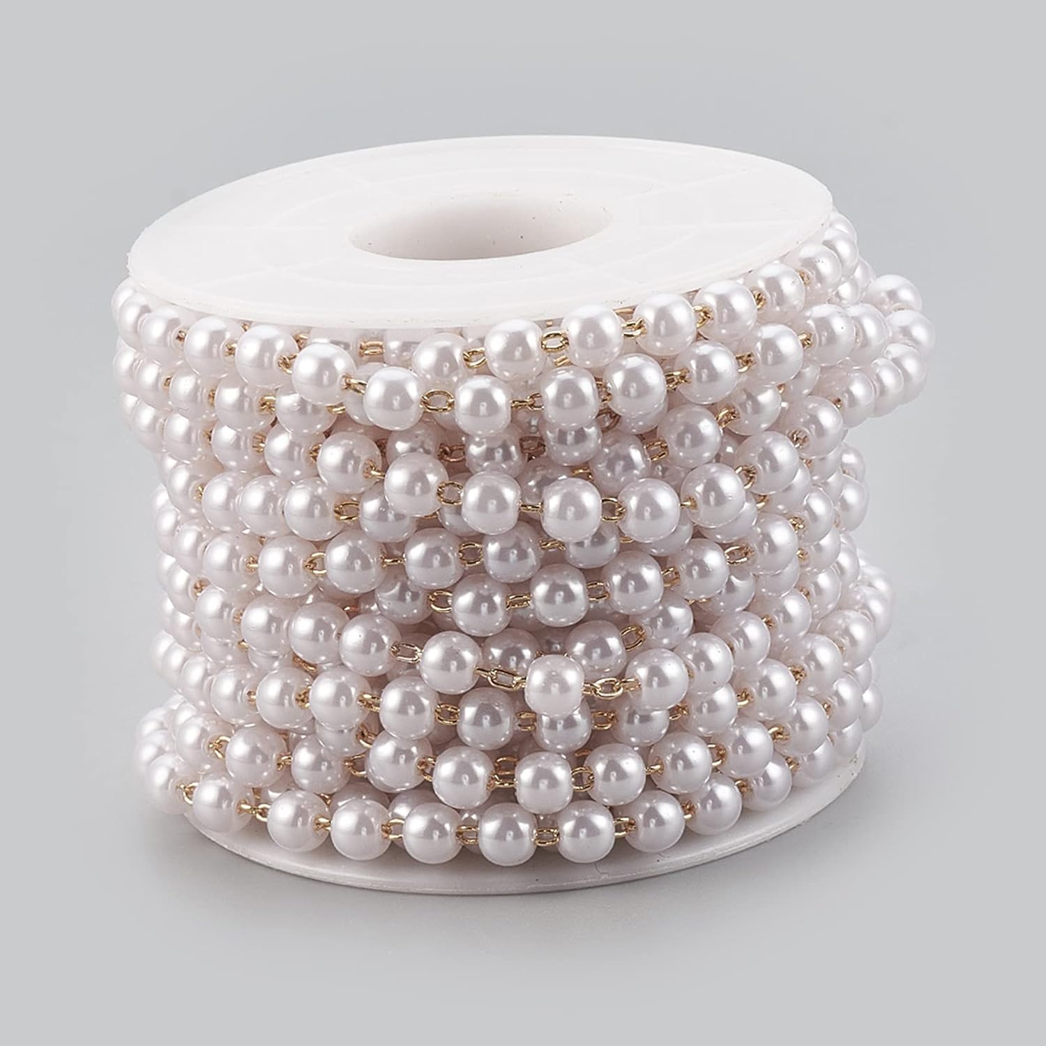 Craftdady 16 Feet Acrylic Faux White Pearl Beaded Chain Artifical Pearl Strings Bridal Bouquet Decoration with 18K Gold Link for Anti-Lost Glasses Holder Lanyard Safety Strap Wedding Party Garland