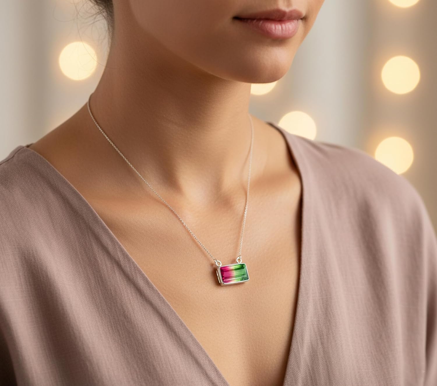 Designer Watermelon Tourmaline Quartz Pendant In 925 Sterling Silver Artisan Crafted Handmade Healing Rectangle Stone Necklace Saanvijewellery