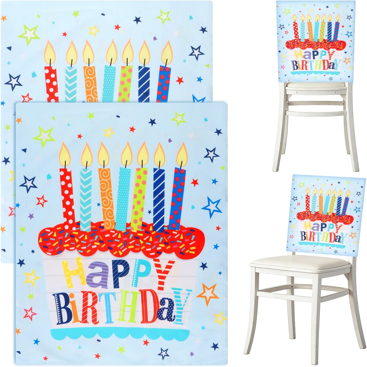 Birthday Chair Covers for Classroom, 2 PCS Reusable Washable Chair Slipcover, Double Sided Printed Happy Birthday Seat Cover for Kids Elegant Party Decorations Intimate Gathering Gala(Blue)