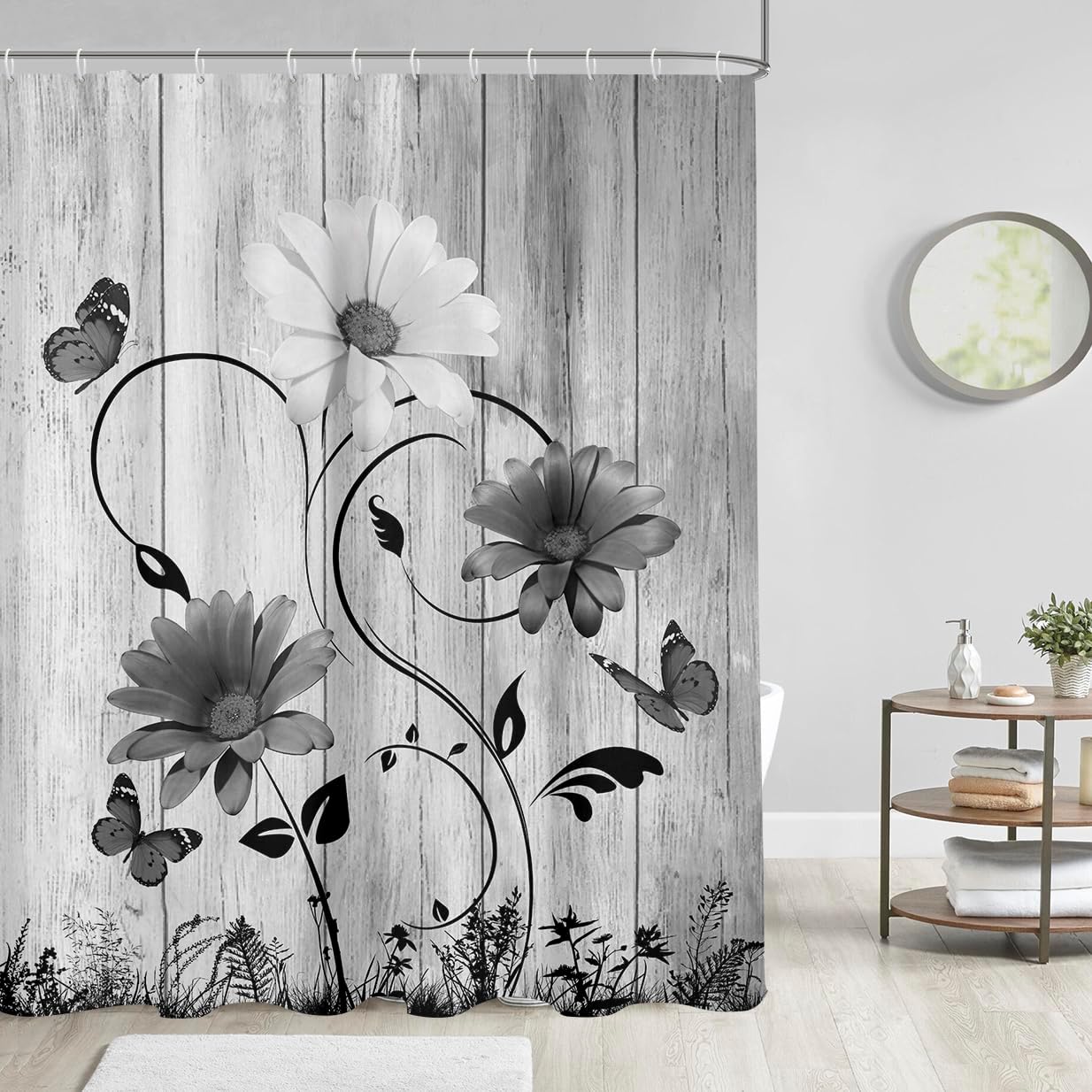 AAtter Black and White Floral Shower Curtain Standard Grey Gray Flower Rustic Vintage Butterfly Abstract Leaves Plant Home Bathroom Decor Bathtub Set with 12 Hooks, 72x72, Wooden