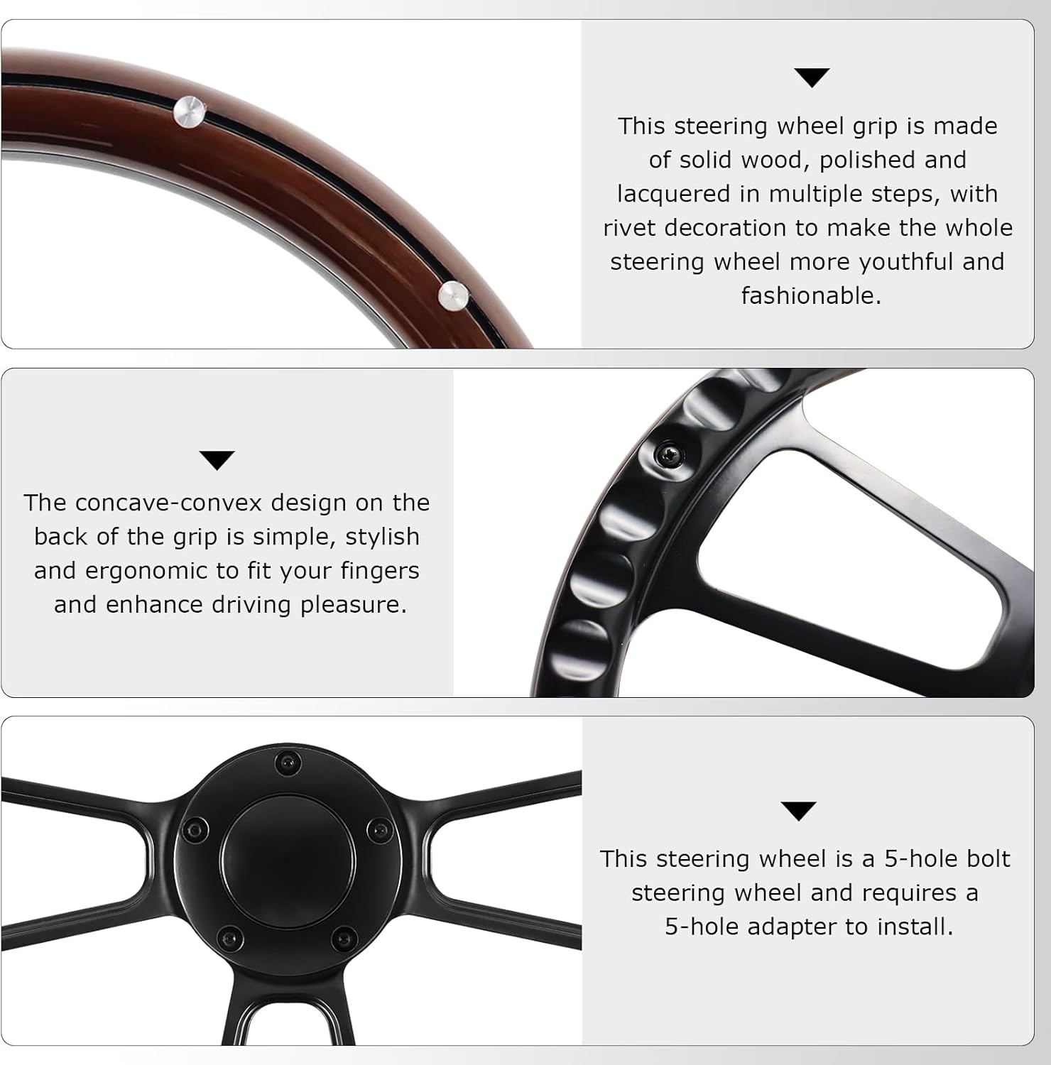 5 Hole 3 Spoke Vintage Steering Wheel, 14 inch Universal 5 Hole Racing Steering Wheel, Fits most 5-hole steering wheel hub adapters