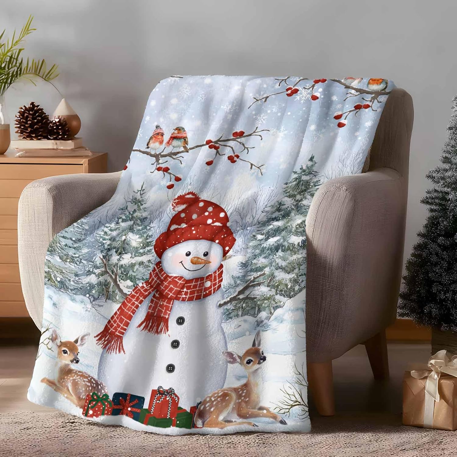Christmas Throw Blanket Snowman Reindeer Red Berry,Warm Soft Plush Lightweight Flannel Fleece Blankets Pine Tree Snow Scene,Microfiber Throws for Bed Sofa Couch Camping All Seasons Use 60x80In