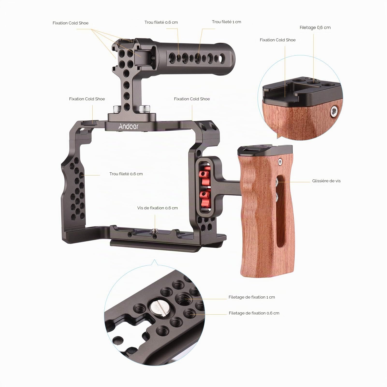 Andoer Camera Rig Kit de Rechange en Alliage d'aluminium avec poignée en Bois sur la poignée supérieure de la vidéo pour Sony A7R III, A7 II, A7III