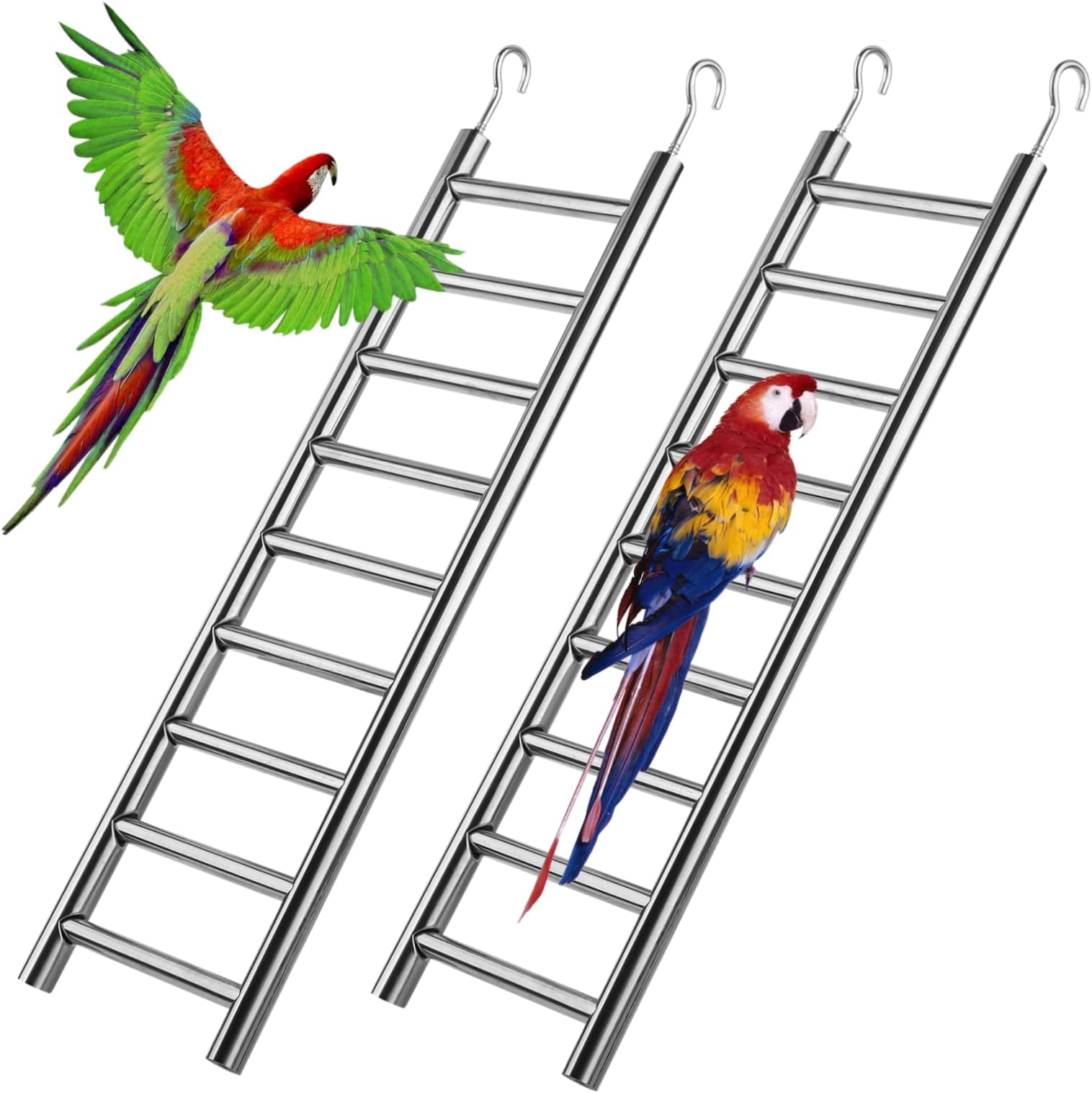 GEKMOR 2 PCS Parrot Ladders 9-Step Stainless Steel Rustproof Metal Nonskid Smooth Portable Bird Cage Ladder with Hooks Cockatiel Stand Ladder for Parrots Parakeets Cockatoos Lovebirds