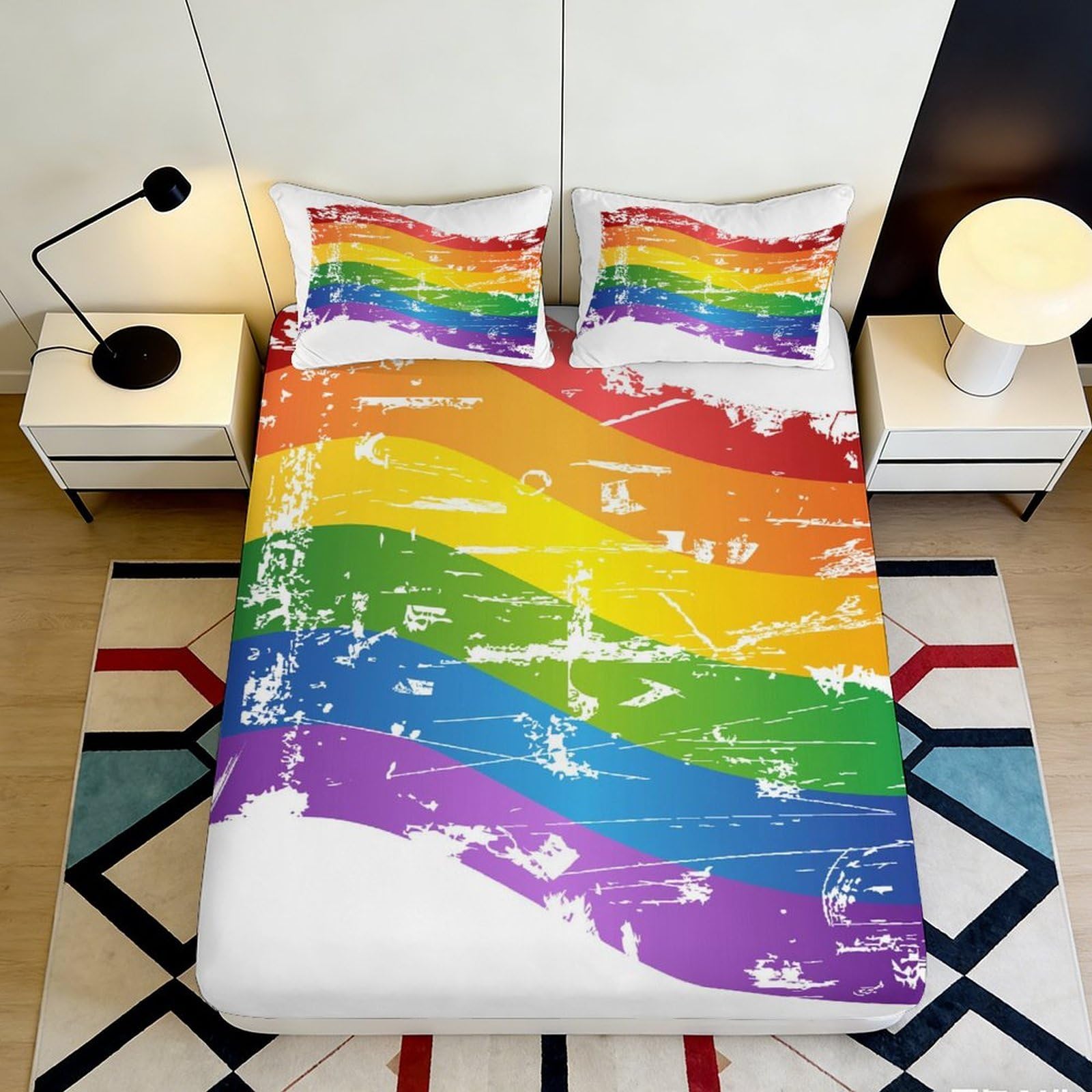 3D Printed Rainbow Splash Fitted Sheet Microfiber Soft Colorful Stripe Mattress Cover for Bedroom Guest Room Decor 90x200x25cm