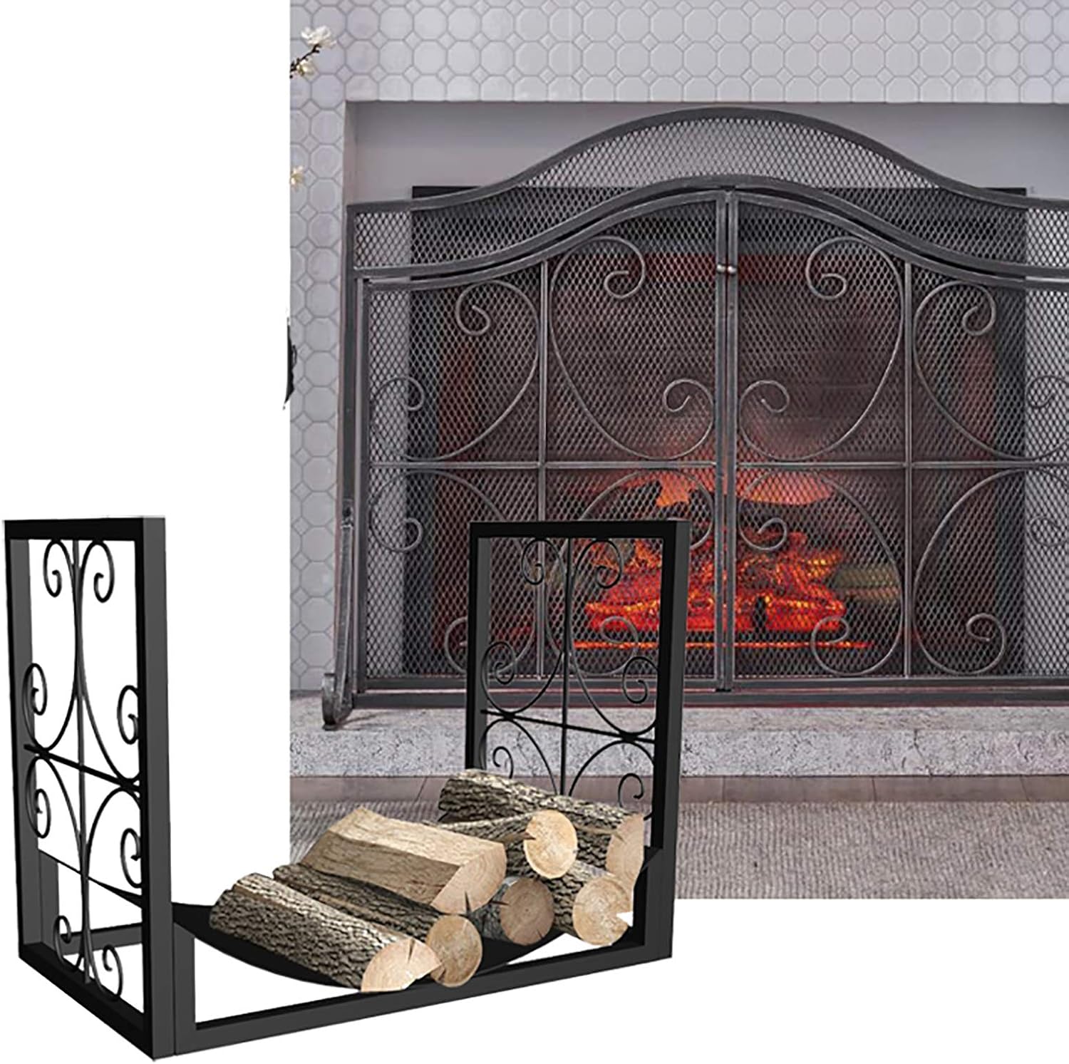 Medium 2ft Firewood Storage Rack Holder,Indoor/Outdoor/Farmhouse Heavy Duty Wood Holder Stand,Iron Black Finish Lumber Storage Holder,60x35x45cm,