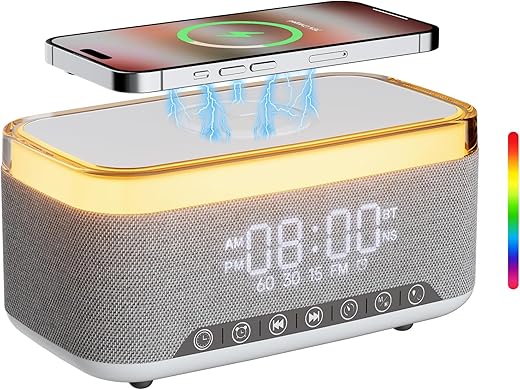 Alarm Clock Bluetooth Speaker with 10 w Fast Wireless Charger for i Phone Samsung, 10 W Stereo