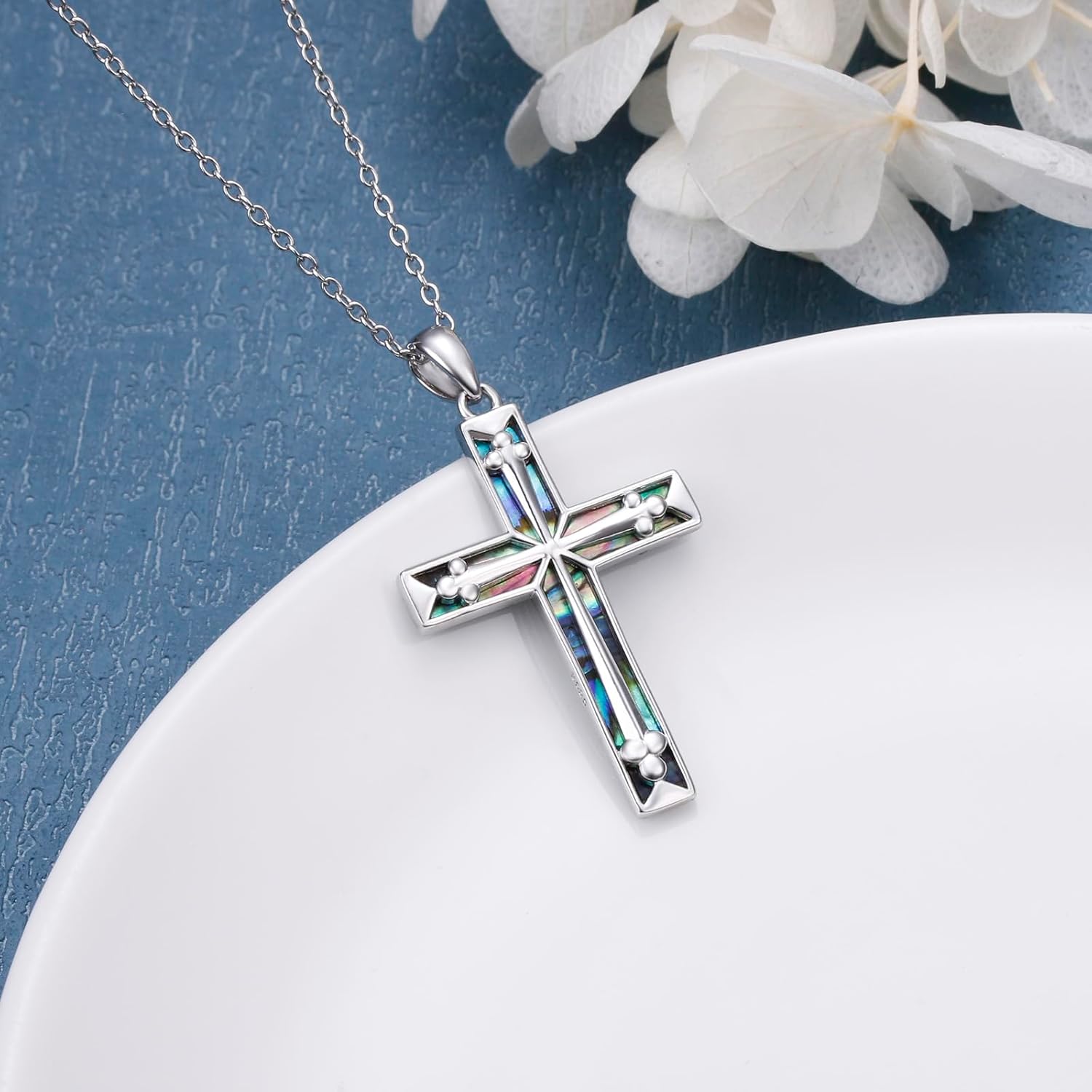 FLYOW Religious Cross Pendant Necklace 925 Sterling Silver Abalone Shell Cross/Infinity Symbol/Tree of Life/Jesus/Star of David Pendant Jewelry for Women Men Christian Valentine Christmas Birthday - Image 5