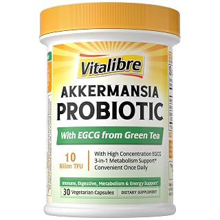Vitalibre Akkermansia Probiotic 10 Billion TFU, with Concentrated EGCG from Green Tea Extract, GLP-1 Supplement for Gut Health, Metabolism Support & Sustain Energy Levels, 30 Vegan Capsules, No Gluten - Amazon product rated Grade A