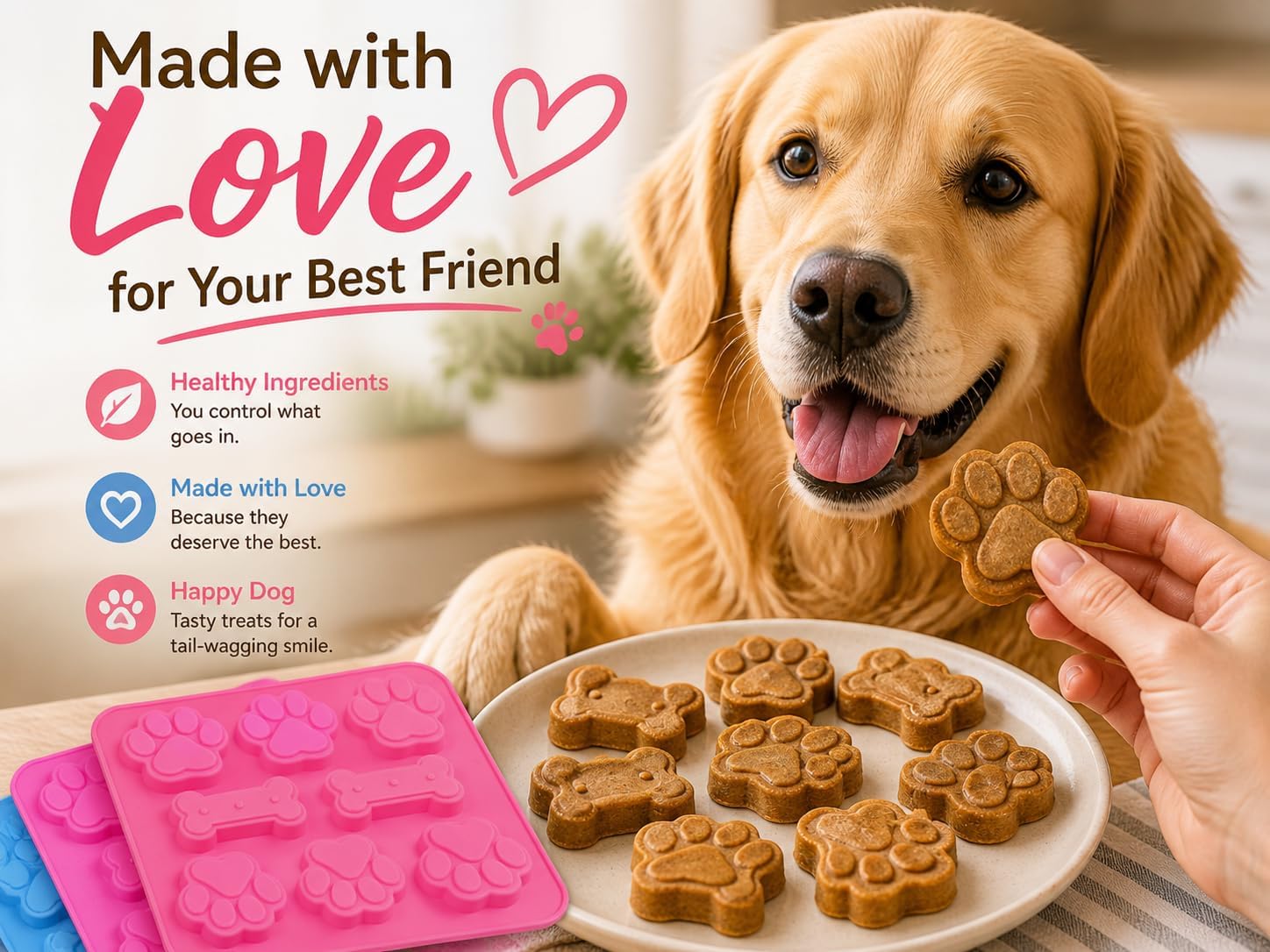 Silicone Dog Treat Molds 3 Pack, Paw & Bone Shape Non-Stick Baking Mold, Food Grade Silicone for Homemade Dog Treats, Oven Freezer Dishwasher Safe