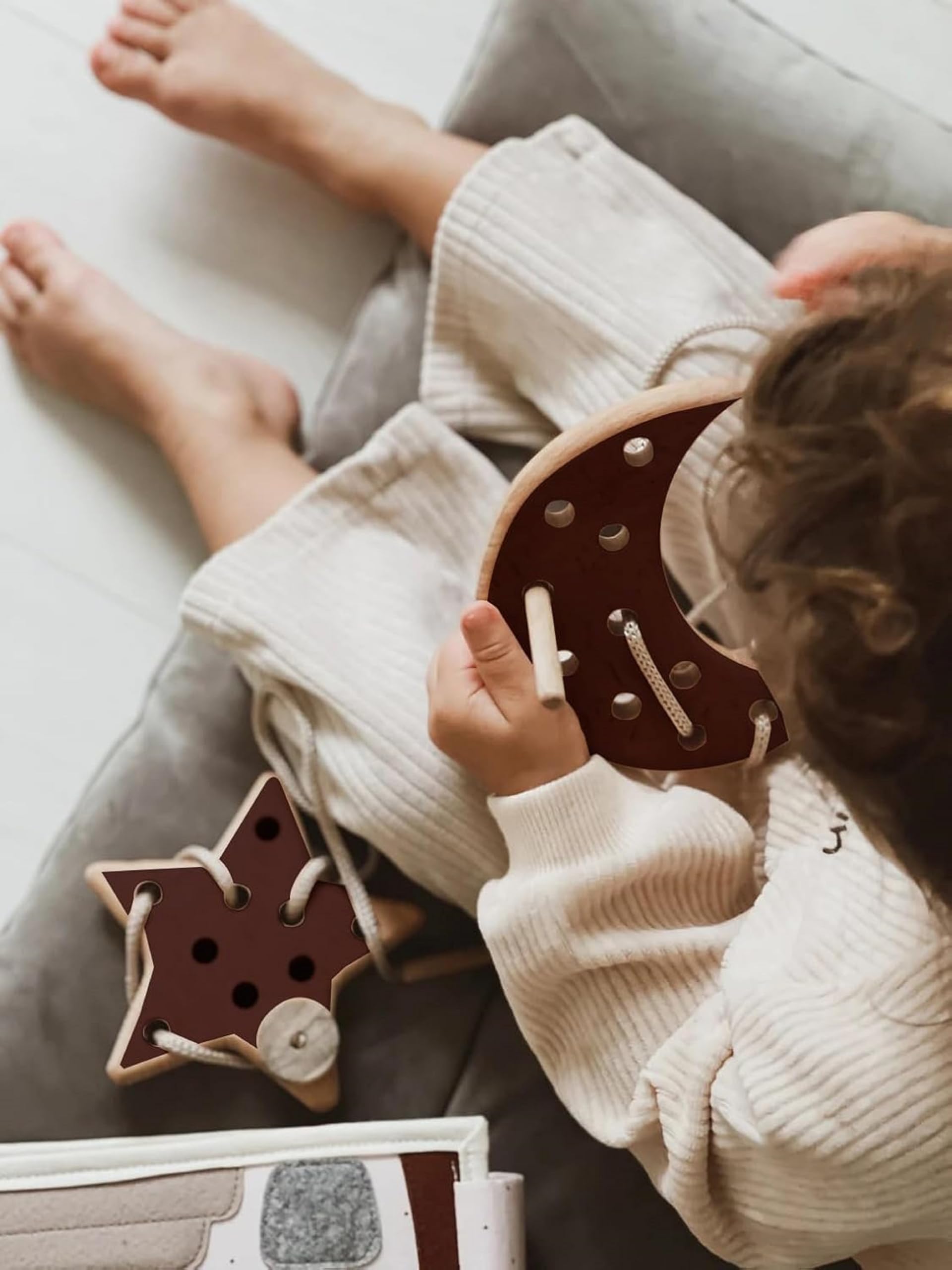 Wooden Lacing Toy for Toddlers,Threading Toy Kids Travel Road Trip Games Educational Learning Motor Skills Montessori Toys, Activity Toys (Cloud Moon Star Combo, Brown) 3