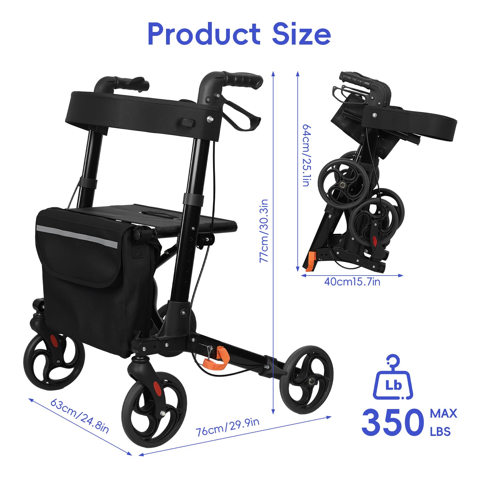 Andador plegable para adultos, ayuda a caminar para ancianos con asiento, respaldo, freno, ruedas grandes de 20 cm, altura ajustable, marco de aluminio resistente, 159 kg (Negro)
