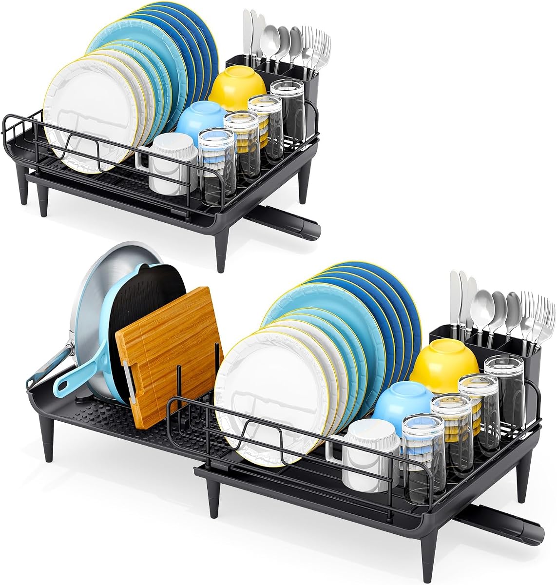 TOOLF Escurridor de platos expandible para encimera de cocina, 16.7-26.8 pulgadas, negro | Rejillas ajustables para sartenes, tapas y tablas de cortar, pico de drenaje largo que mantiene secas las encimeras, acero inoxidable, soporte para cubiertos