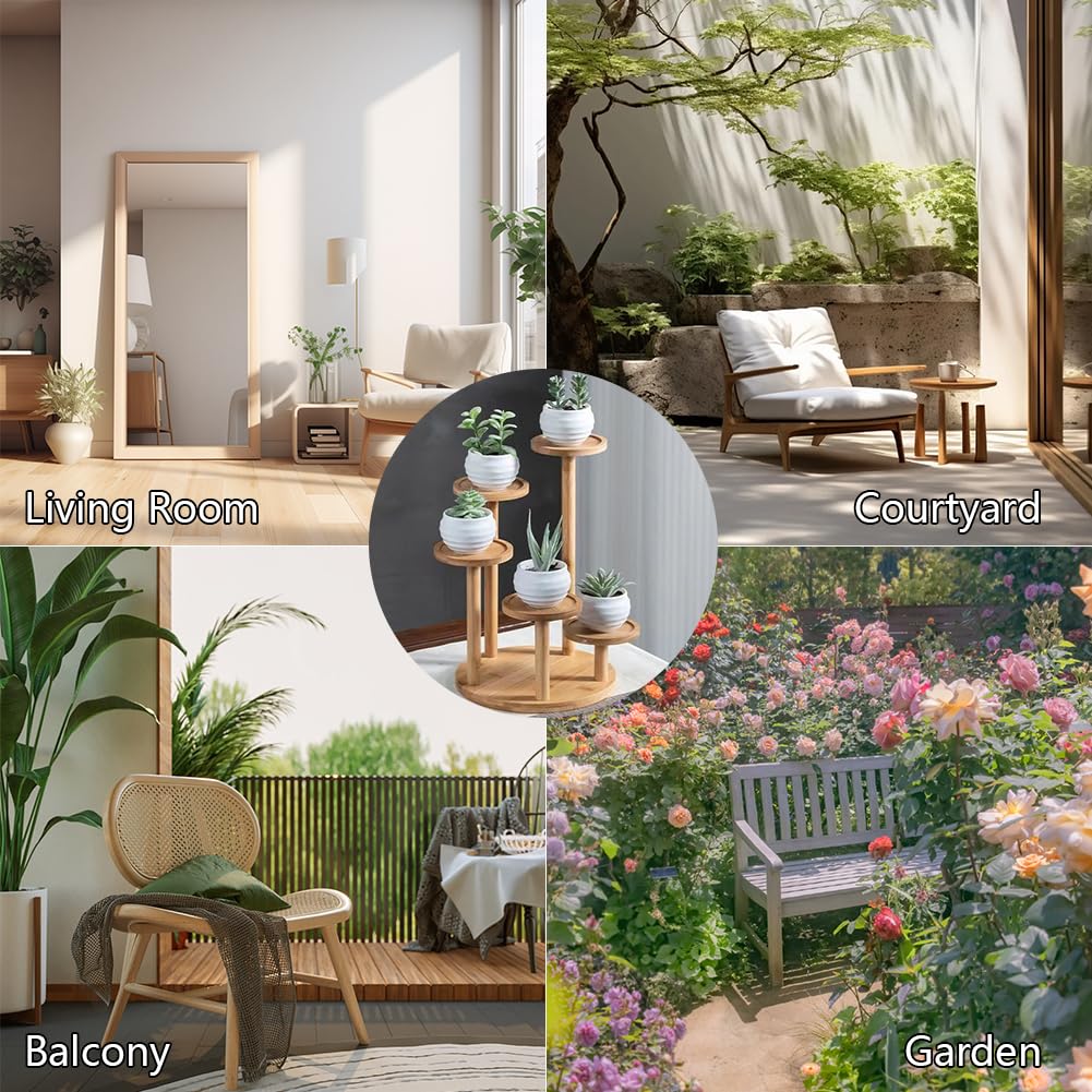 ® Soporte elevador de plantas de madera de 5 niveles, soporte de mesa para macetas de plantas, soporte de bambú para plantas suculentas, soporte elevador para macetas, soporte para exhibición de 2