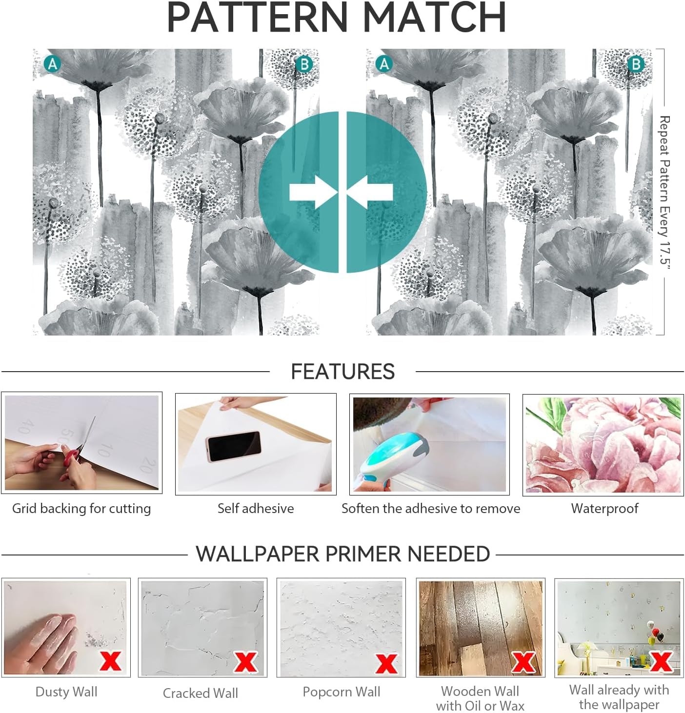 17.5"×160" Grey Peel and Stick Wallpaper Grey Dandelion Wallpaper for Bathroom Removable Botanical Wall Paper Mural Decorative Stick and Peel Contact Paper for Cabinets Drawers