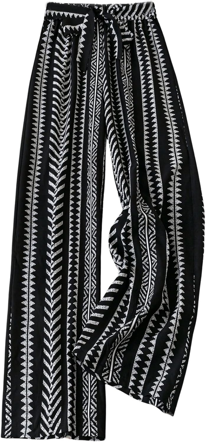 Women's Geo Print Wide Leg Palazzo Pants Casual Belted High Waisted Flowy Boho Beach Trousers