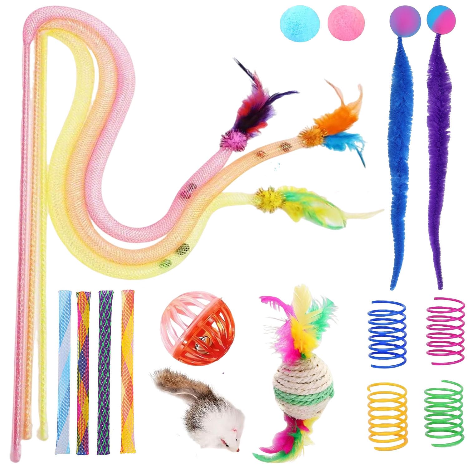 Bertifive 18Pcs Interactive Cat Toy Set, Cat Teaser Wand with Bells and Feather, Kitten Tube Toy, Cats Ball with Tail, Spring Spiral, Mouse, Cat Teaser Rods Feather Toys for Indoor Cats and Kitties