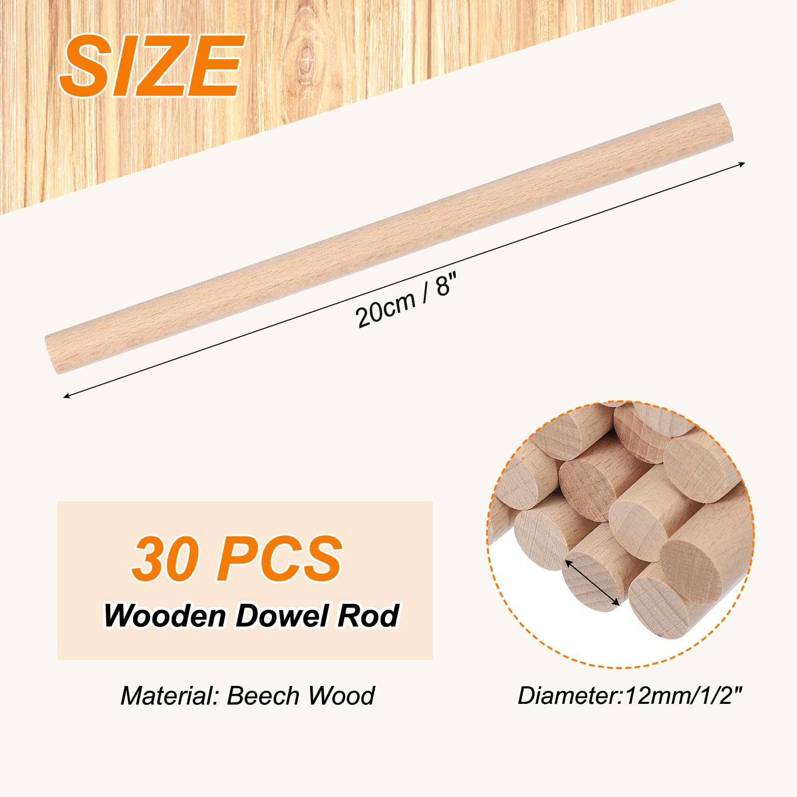 PATIKIL 1/2 x 8 Inch Wooden Dowel Rod - Image 2