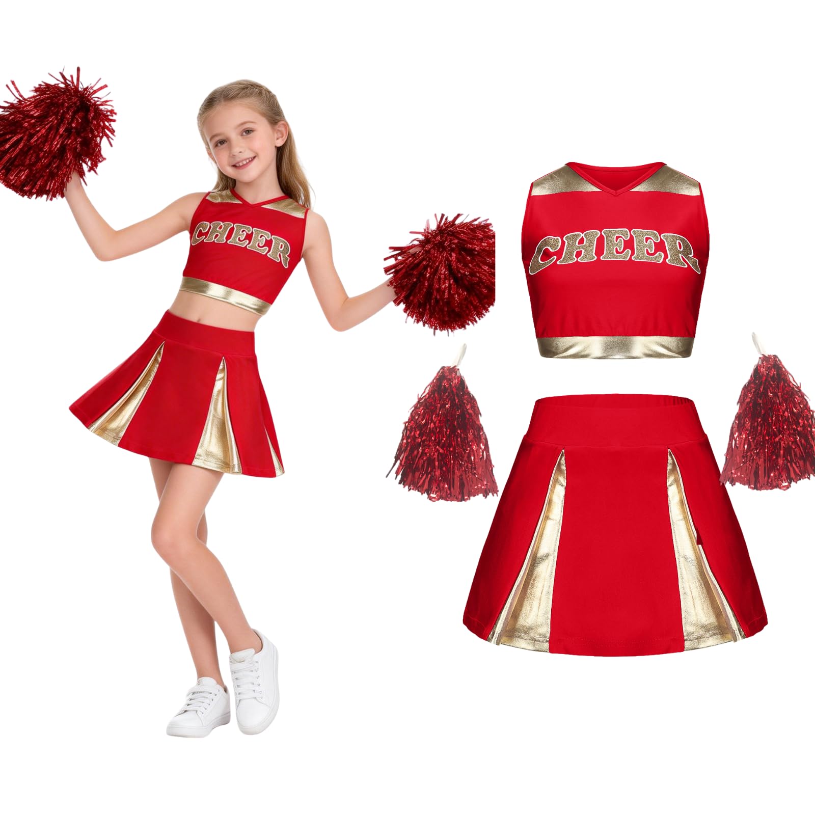 maxToonrain Girls Cheerleader Costume Shiny Gold Accents 3 PCS Kids Cheerleader Outfit with Pom Poms, Top, Skirt for 2026 World Book Day Halloween School Musical Events (Red, 13-14Y)