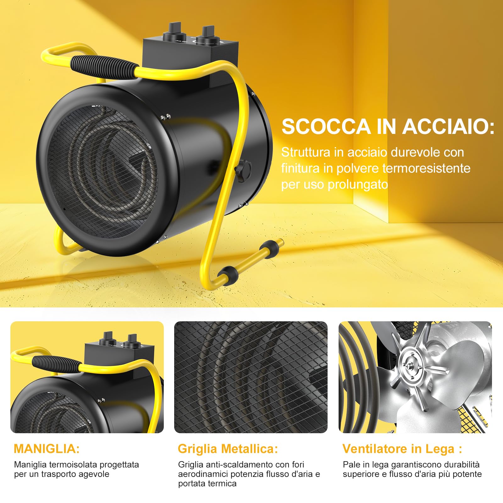 Stufetta Elettrica Industriale 3000 W Termoventilatore, Nero | Riscaldatore Elettrico Portatile, Termostato & Ventilazione, Protezione da Surriscaldamento per Officina, Garage e Cantiere
