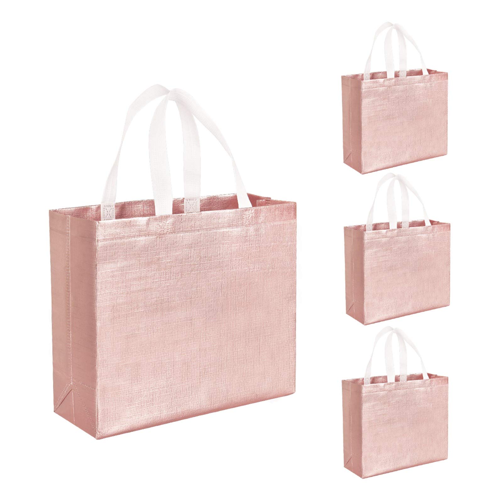 12 PCS Glossy Reusable Grocery Shopping Bags Stylish Tote Bags with Handle Non-woven Gift Bags Bridesmaids Bags Goodies Bag for Women Bridesmaid Birthday Party Wedding Christmas (Rose Gold)