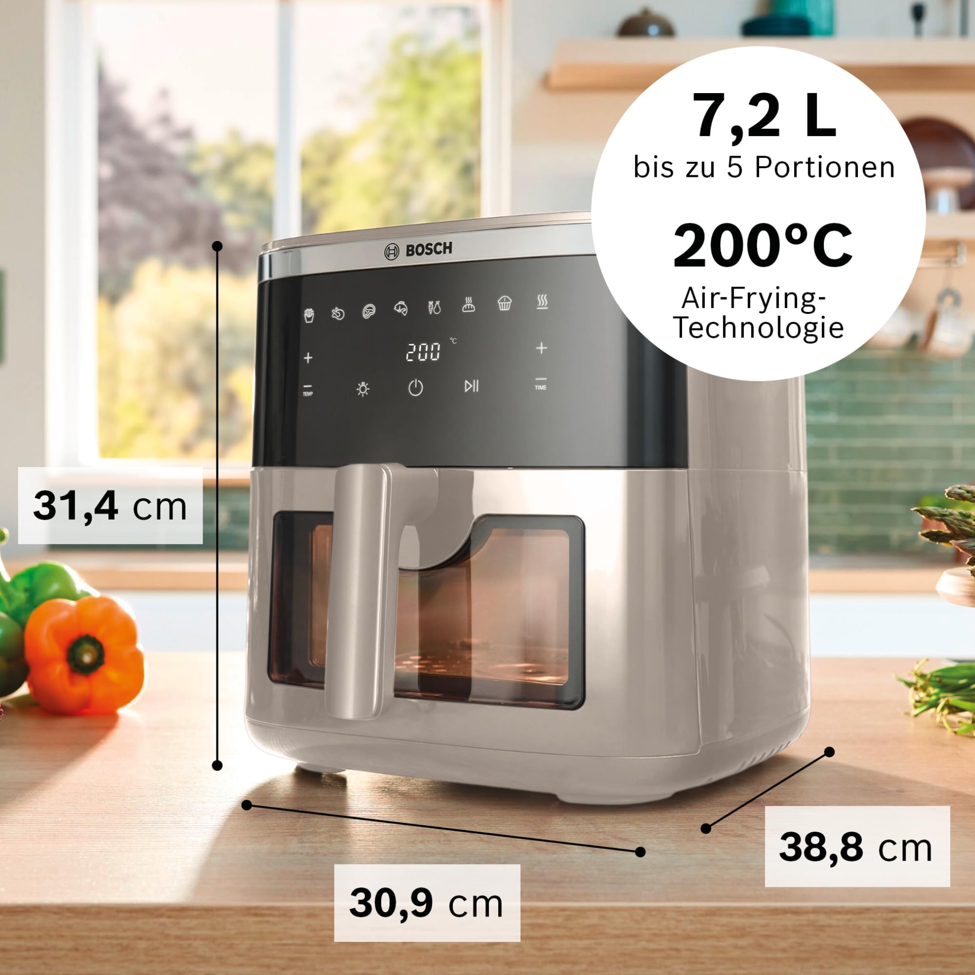 Bosch - Freidora de Aire Serie 6, Capacidad XXL de 7,2 L, 7 Programas y Ventana de Visualización con Luz, Beige Mate, MAF671C0